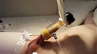 Sweet Teen Femboy is Gently Milked by Milking Machine and Cums Deep Inside Venus Milking Receiver While Wearing Sexy White Thighhigh Stockings